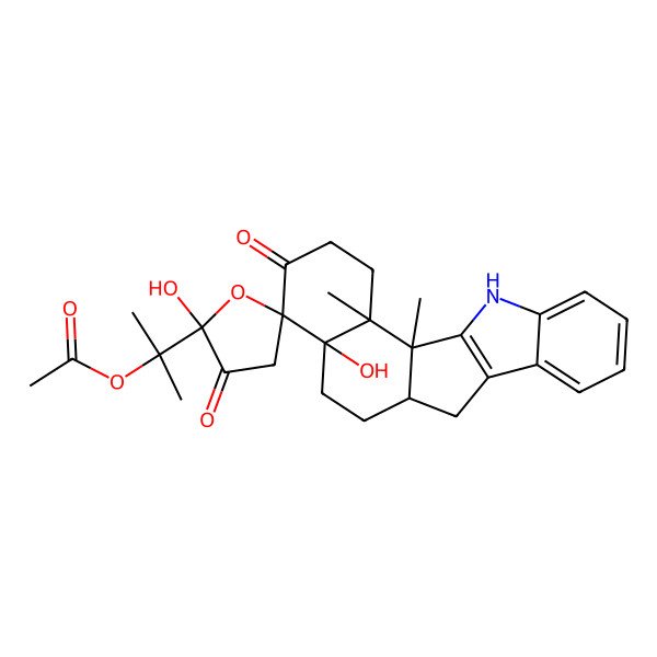 2D Structure of 2-(2',15-Dihydroxy-1,20-dimethyl-3',17-dioxospiro[3-azapentacyclo[10.8.0.02,10.04,9.015,20]icosa-2(10),4,6,8-tetraene-16,5'-oxolane]-2'-yl)propan-2-yl acetate