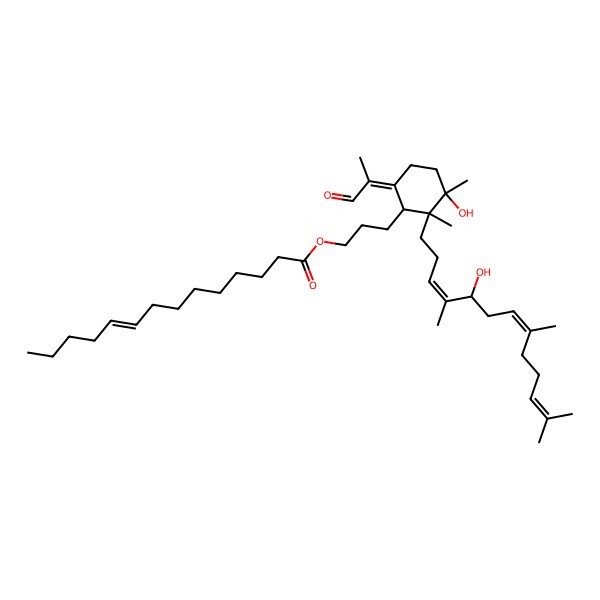 2D Structure of 3-[(1R,2S,3S,6Z)-3-hydroxy-2-[(3E,5R,7E)-5-hydroxy-4,8,12-trimethyltrideca-3,7,11-trienyl]-2,3-dimethyl-6-(1-oxopropan-2-ylidene)cyclohexyl]propyl (Z)-tetradec-9-enoate