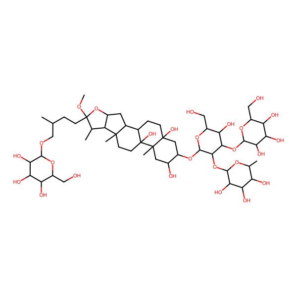2D Structure of (1S,2S,4S,6R,7S,8R,9S,12R,13S,15R,16R,18R)-16-[(2R,3R,4S,5R,6R)-5-hydroxy-6-(hydroxymethyl)-4-[(2S,3R,4S,5R,6R)-3,4,5-trihydroxy-6-(hydroxymethyl)oxan-2-yl]oxy-3-[(2S,3R,4R,5R,6S)-3,4,5-trihydroxy-6-methyloxan-2-yl]oxyoxan-2-yl]oxy-6-methoxy-7,9,13-trimethyl-6-[(3R)-3-methyl-4-[(2R,3R,4S,5S,6R)-3,4,5-trihydroxy-6-(hydroxymethyl)oxan-2-yl]oxybutyl]-5-oxapentacyclo[10.8.0.02,9.04,8.013,18]icosane-12,15,18-triol