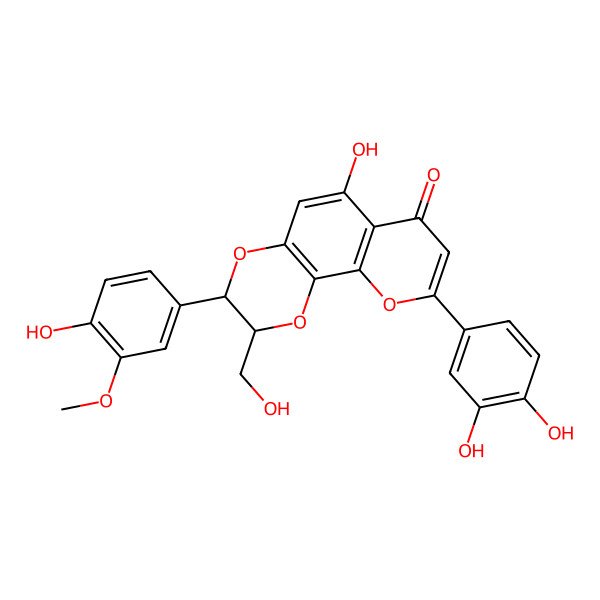 2D Structure of 9-(3,4-Dihydroxyphenyl)-6-hydroxy-3-(4-hydroxy-3-methoxyphenyl)-2-(hydroxymethyl)-2,3-dihydropyrano[3,2-h][1,4]benzodioxin-7-one