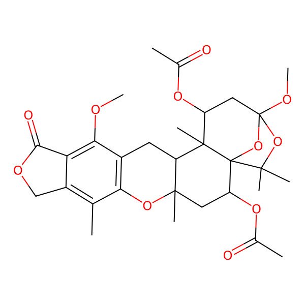 2D Structure of (18-Acetyloxy-13,20-dimethoxy-4,7,17,22,22-pentamethyl-11-oxo-5,10,21,23-tetraoxahexacyclo[18.2.1.01,17.04,16.06,14.08,12]tricosa-6(14),7,12-trien-2-yl) acetate