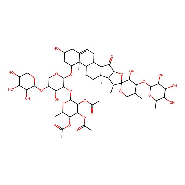 2D Structure of [(2S,3S,4R,5R,6S)-4,5-diacetyloxy-6-[(2S,3R,4S,5S)-2-[(1R,2S,3'S,4R,4'S,5'S,6S,7S,8R,9R,12S,13R,14R,16R)-3',16-dihydroxy-5',7,9,13-tetramethyl-3-oxo-4'-[(2S,3R,4R,5R,6R)-3,4,5-trihydroxy-6-methyloxan-2-yl]oxyspiro[5-oxapentacyclo[10.8.0.02,9.04,8.013,18]icos-18-ene-6,2'-oxane]-14-yl]oxy-4-hydroxy-5-[(2S,3R,4S,5R)-3,4,5-trihydroxyoxan-2-yl]oxyoxan-3-yl]oxy-2-methyloxan-3-yl] acetate