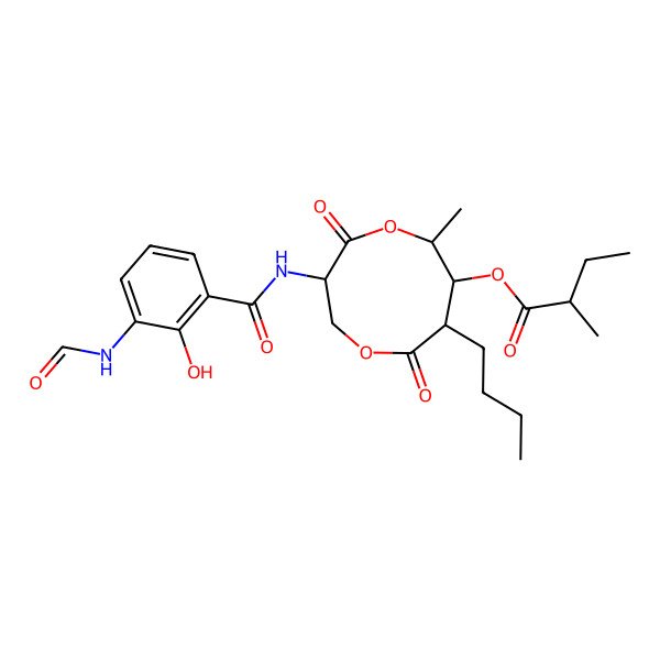 2D Structure of [8-Butyl-3-[(3-formamido-2-hydroxybenzoyl)amino]-6-methyl-4,9-dioxo-1,5-dioxonan-7-yl] 2-methylbutanoate