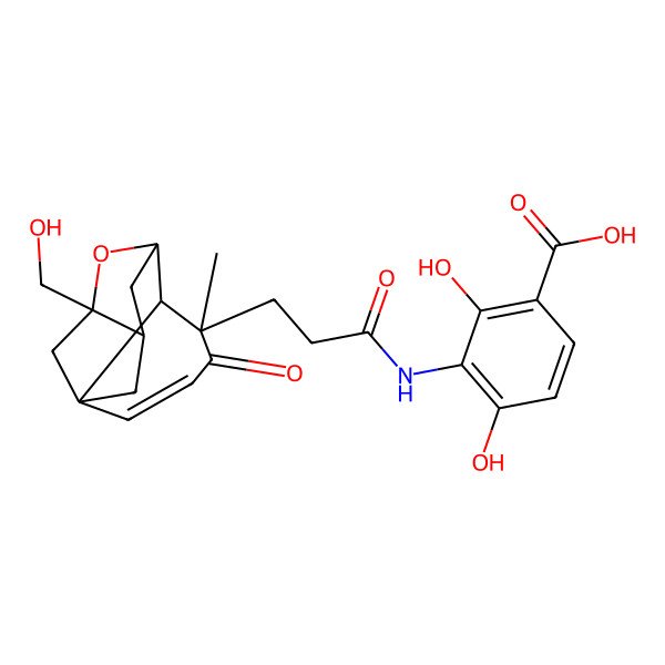 2D Structure of 2,4-dihydroxy-3-[3-[(1S,5S,7S,9S)-9-(hydroxymethyl)-5-methyl-4-oxo-8-oxatetracyclo[7.2.1.17,10.01,6]tridec-2-en-5-yl]propanoylamino]benzoic acid