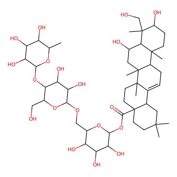 2D Structure of [6-[[3,4-Dihydroxy-6-(hydroxymethyl)-5-(3,4,5-trihydroxy-6-methyloxan-2-yl)oxyoxan-2-yl]oxymethyl]-3,4,5-trihydroxyoxan-2-yl] 8,10-dihydroxy-9-(hydroxymethyl)-2,2,6a,6b,9,12a-hexamethyl-1,3,4,5,6,6a,7,8,8a,10,11,12,13,14b-tetradecahydropicene-4a-carboxylate