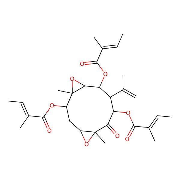 2D Structure of [(1R,2R,4R,6S,8S,9S,10S,11S)-1,6-dimethyl-8,10-bis[[(Z)-2-methylbut-2-enoyl]oxy]-7-oxo-9-prop-1-en-2-yl-5,12-dioxatricyclo[9.1.0.04,6]dodecan-2-yl] (Z)-2-methylbut-2-enoate