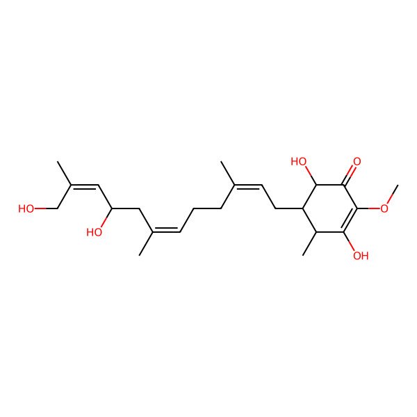 2D Structure of 5-(9,12-Dihydroxy-3,7,11-trimethyldodeca-2,6,10-trienyl)-3,6-dihydroxy-2-methoxy-4-methylcyclohex-2-en-1-one