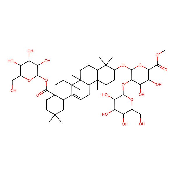 2D Structure of methyl (2S,3S,4S,5R,6R)-6-[[(3S,4aR,6aR,6bS,8aS,12aS,14aR,14bR)-4,4,6a,6b,11,11,14b-heptamethyl-8a-[(2S,3R,4S,5R,6R)-3,4,5-trihydroxy-6-(hydroxymethyl)oxan-2-yl]oxycarbonyl-1,2,3,4a,5,6,7,8,9,10,12,12a,14,14a-tetradecahydropicen-3-yl]oxy]-3,4-dihydroxy-5-[(2S,3R,4S,5R,6R)-3,4,5-trihydroxy-6-(hydroxymethyl)oxan-2-yl]oxyoxane-2-carboxylate