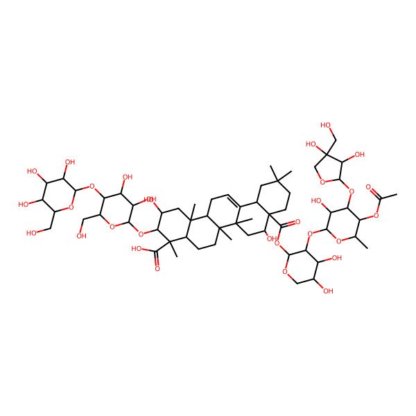 2D Structure of (2S,3R,4S,4aR,6aR,6bS,8R,8aR,12aS,14aR,14bR)-8a-[(2S,3R,4S,5S)-3-[(2S,3R,4S,5S,6S)-5-acetyloxy-4-[(2S,3R,4R)-3,4-dihydroxy-4-(hydroxymethyl)oxolan-2-yl]oxy-3-hydroxy-6-methyloxan-2-yl]oxy-4,5-dihydroxyoxan-2-yl]oxycarbonyl-3-[(2R,3R,4R,5S,6R)-3,4-dihydroxy-6-(hydroxymethyl)-5-[(2S,3R,4S,5S,6R)-3,4,5-trihydroxy-6-(hydroxymethyl)oxan-2-yl]oxyoxan-2-yl]oxy-2,8-dihydroxy-4,6a,6b,11,11,14b-hexamethyl-1,2,3,4a,5,6,7,8,9,10,12,12a,14,14a-tetradecahydropicene-4-carboxylic acid