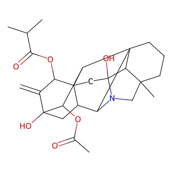 2D Structure of [(1R,5S,8R,9S,11S,13R,14R,16R,17R,18S,19R)-19-acetyloxy-11,16-dihydroxy-5-methyl-12-methylidene-7-azaheptacyclo[9.6.2.01,8.05,17.07,16.09,14.014,18]nonadecan-13-yl] 2-methylpropanoate