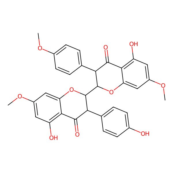 2D Structure of 5-Hydroxy-2-[5-hydroxy-7-methoxy-3-(4-methoxyphenyl)-4-oxo-2,3-dihydrochromen-2-yl]-3-(4-hydroxyphenyl)-7-methoxy-2,3-dihydrochromen-4-one