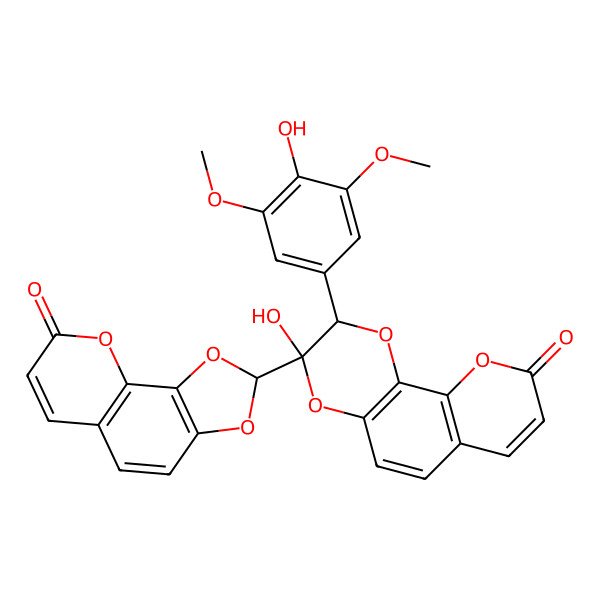 2D Structure of (2S,3S)-3-hydroxy-2-(4-hydroxy-3,5-dimethoxyphenyl)-3-[(2R)-8-oxo-[1,3]dioxolo[4,5-h]chromen-2-yl]-2H-pyrano[3,2-h][1,4]benzodioxin-9-one