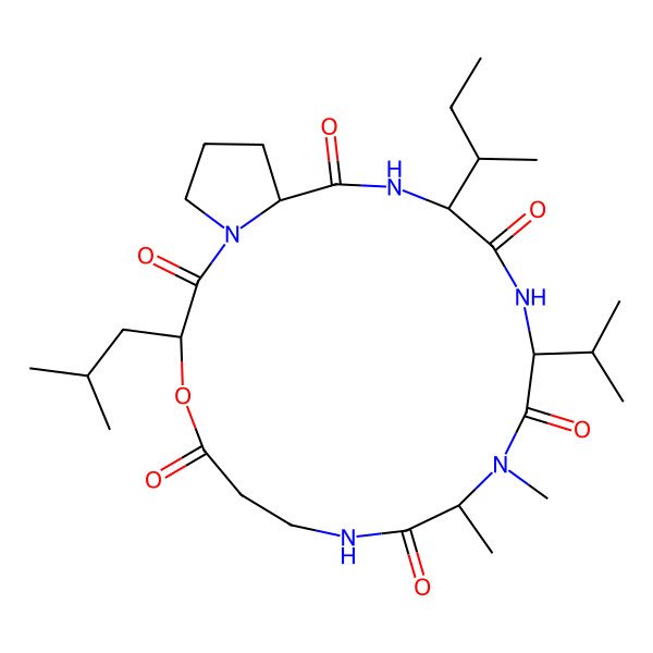 2D Structure of 16-Butan-2-yl-10,11-dimethyl-3-(2-methylpropyl)-13-propan-2-yl-4-oxa-1,8,11,14,17-pentazabicyclo[17.3.0]docosane-2,5,9,12,15,18-hexone