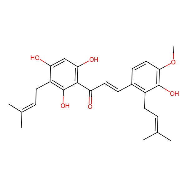 2D Structure of 3-[3-Hydroxy-4-methoxy-2-(3-methylbut-2-enyl)phenyl]-1-[2,4,6-trihydroxy-3-(3-methylbut-2-enyl)phenyl]prop-2-en-1-one