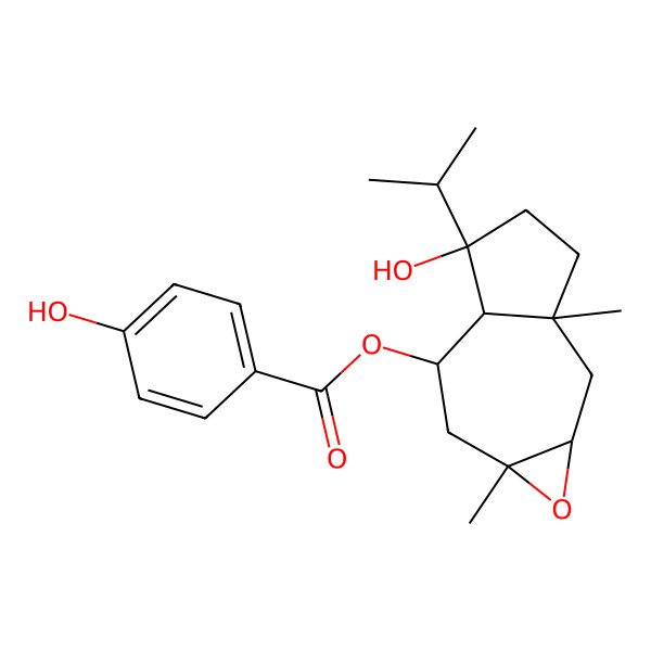 2D Structure of (5-hydroxy-2a,7a-dimethyl-5-propan-2-yl-2,3,4,5a,6,7-hexahydro-1aH-azuleno[6,7-b]oxiren-6-yl) 4-hydroxybenzoate