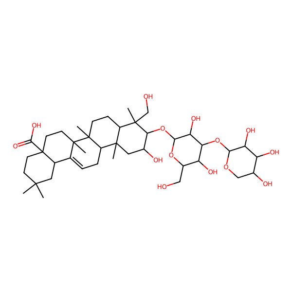 2D Structure of 10-[3,5-Dihydroxy-6-(hydroxymethyl)-4-(3,4,5-trihydroxyoxan-2-yl)oxyoxan-2-yl]oxy-11-hydroxy-9-(hydroxymethyl)-2,2,6a,6b,9,12a-hexamethyl-1,3,4,5,6,6a,7,8,8a,10,11,12,13,14b-tetradecahydropicene-4a-carboxylic acid