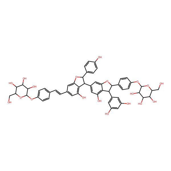 2D Structure of 2-[4-[2-[3-[3-(3,5-Dihydroxyphenyl)-4-hydroxy-2-[4-[3,4,5-trihydroxy-6-(hydroxymethyl)oxan-2-yl]oxyphenyl]-2,3-dihydro-1-benzofuran-6-yl]-4-hydroxy-2-(4-hydroxyphenyl)-2,3-dihydro-1-benzofuran-6-yl]ethenyl]phenoxy]-6-(hydroxymethyl)oxane-3,4,5-triol