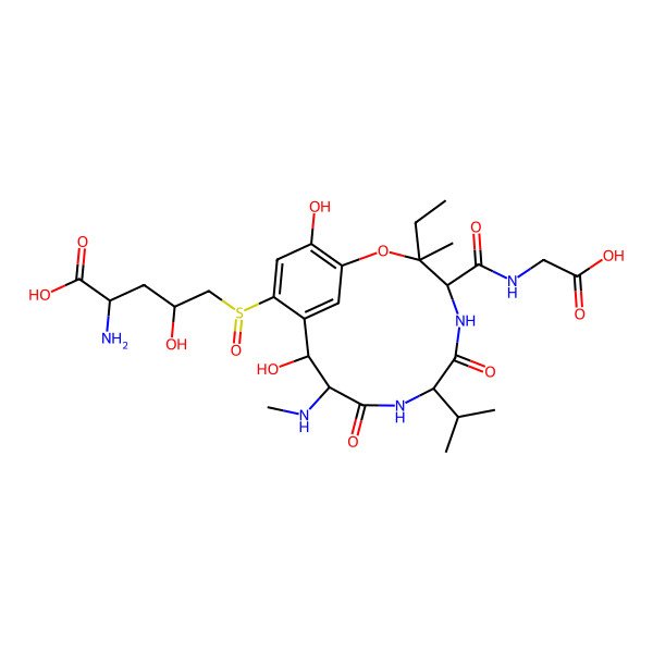 2D Structure of 2-Amino-5-[[4-(carboxymethylcarbamoyl)-3-ethyl-11,15-dihydroxy-3-methyl-10-(methylamino)-6,9-dioxo-7-propan-2-yl-2-oxa-5,8-diazabicyclo[10.3.1]hexadeca-1(15),12(16),13-trien-13-yl]sulfinyl]-4-hydroxypentanoic acid