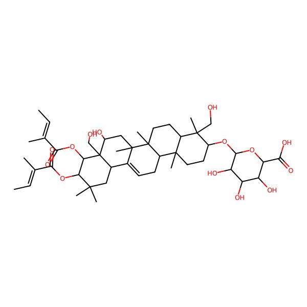 2D Structure of (2S,3S,4S,5R,6R)-6-[[(3S,4R,4aR,6aR,6bS,8S,8aR,9R,10R,12aS,14aR,14bR)-8-hydroxy-4,8a-bis(hydroxymethyl)-4,6a,6b,11,11,14b-hexamethyl-9,10-bis[[(Z)-2-methylbut-2-enoyl]oxy]-1,2,3,4a,5,6,7,8,9,10,12,12a,14,14a-tetradecahydropicen-3-yl]oxy]-3,4,5-trihydroxyoxane-2-carboxylic acid