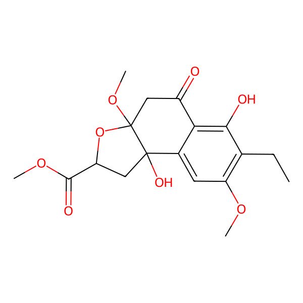 2D Structure of methyl 7-ethyl-6,9b-dihydroxy-3a,8-dimethoxy-5-oxo-2,4-dihydro-1H-benzo[e][1]benzofuran-2-carboxylate