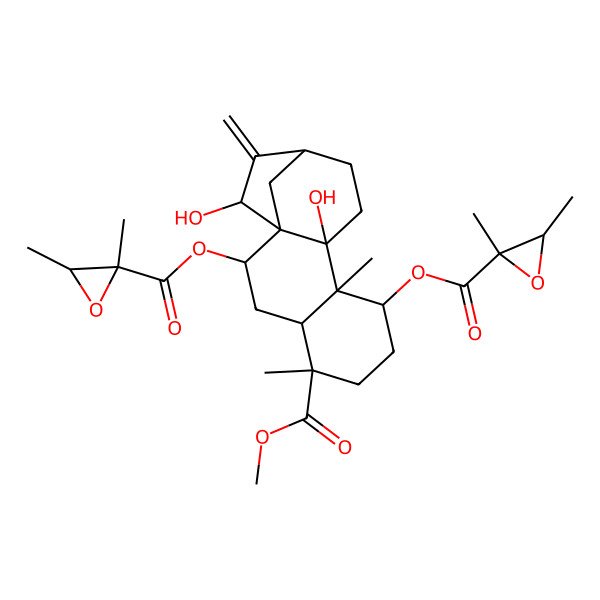 2D Structure of [2-(2,3-Dimethyloxirane-2-carbonyl)oxy-10,15-dihydroxy-5-methoxycarbonyl-5,9-dimethyl-14-methylidene-8-tetracyclo[11.2.1.01,10.04,9]hexadecanyl] 2,3-dimethyloxirane-2-carboxylate