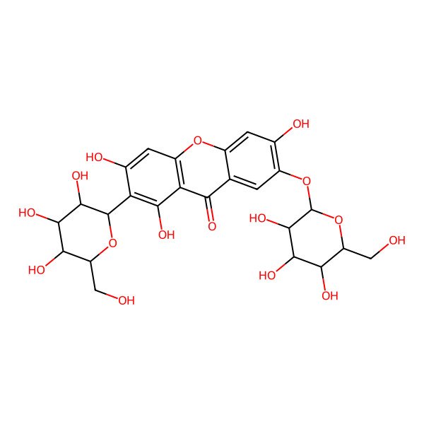 2D Structure of 1,3,6-trihydroxy-2-[(2S,3R,4R,5S,6R)-3,4,5-trihydroxy-6-(hydroxymethyl)oxan-2-yl]-7-[(2R,3S,4R,5R,6S)-3,4,5-trihydroxy-6-(hydroxymethyl)oxan-2-yl]oxyxanthen-9-one