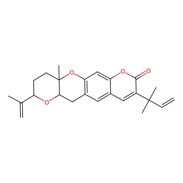 2D Structure of 3-Methyl-14-(2-methylbut-3-en-2-yl)-6-prop-1-en-2-yl-2,7,16-trioxatetracyclo[8.8.0.03,8.012,17]octadeca-1(10),11,13,17-tetraen-15-one