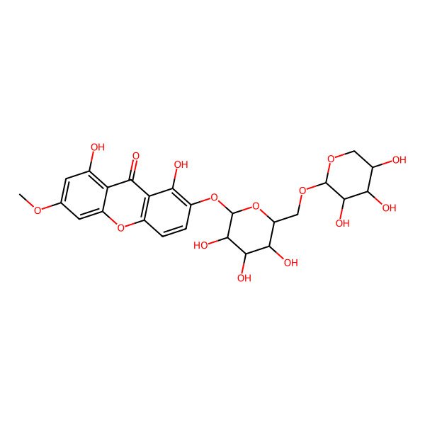 2D Structure of 1,8-dihydroxy-6-methoxy-2-[(2S,3R,4S,5S,6R)-3,4,5-trihydroxy-6-[[(2S,3R,4S,5R)-3,4,5-trihydroxyoxan-2-yl]oxymethyl]oxan-2-yl]oxyxanthen-9-one