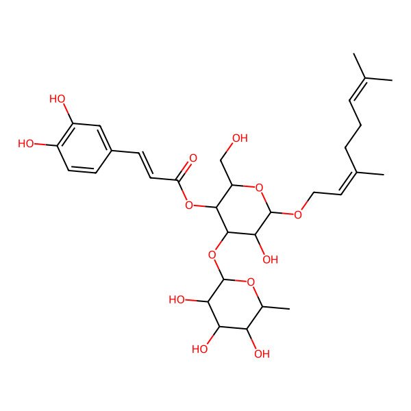 2D Structure of [(2R,3R,4R,5R,6R)-6-[(2E)-3,7-dimethylocta-2,6-dienoxy]-5-hydroxy-2-(hydroxymethyl)-4-[(2S,3R,4R,5R,6S)-3,4,5-trihydroxy-6-methyloxan-2-yl]oxyoxan-3-yl] (E)-3-(3,4-dihydroxyphenyl)prop-2-enoate