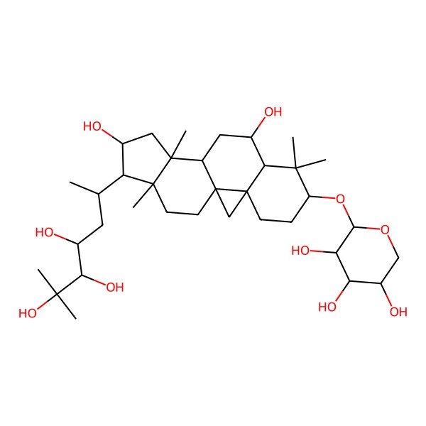 2D Structure of 2-[[9,14-Dihydroxy-7,7,12,16-tetramethyl-15-(4,5,6-trihydroxy-6-methylheptan-2-yl)-6-pentacyclo[9.7.0.01,3.03,8.012,16]octadecanyl]oxy]oxane-3,4,5-triol