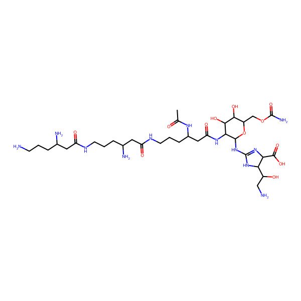2D Structure of 2-[[3-[[3-acetamido-6-[[3-amino-6-(3,6-diaminohexanoylamino)hexanoyl]amino]hexanoyl]amino]-6-(carbamoyloxymethyl)-4,5-dihydroxyoxan-2-yl]amino]-5-(2-amino-1-hydroxyethyl)-4,5-dihydro-1H-imidazole-4-carboxylic acid