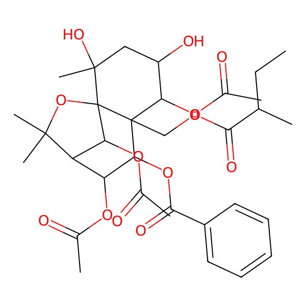 2D Structure of [(1S,2S,4S,5R,6S,7S,8S,9R,12R)-5,8,12-triacetyloxy-2,4-dihydroxy-2,10,10-trimethyl-6-[[(2R)-2-methylbutanoyl]oxymethyl]-11-oxatricyclo[7.2.1.01,6]dodecan-7-yl] benzoate