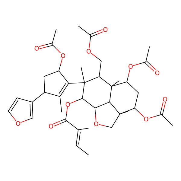 2D Structure of [5,7-Diacetyloxy-10-[5-acetyloxy-3-(furan-3-yl)-2-methylcyclopenten-1-yl]-9-(acetyloxymethyl)-4,8,10-trimethyl-2-oxatricyclo[6.3.1.04,12]dodecan-11-yl] 2-methylbut-2-enoate