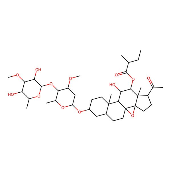 2D Structure of [(1S,3R,6R,7S,8S,9S,10S,11S,14S,16S)-6-acetyl-14-[(2R,4R,5R,6R)-5-[(2S,3R,4R,5R,6R)-3,5-dihydroxy-4-methoxy-6-methyloxan-2-yl]oxy-4-methoxy-6-methyloxan-2-yl]oxy-9-hydroxy-7,11-dimethyl-2-oxapentacyclo[8.8.0.01,3.03,7.011,16]octadecan-8-yl] (2S)-2-methylbutanoate