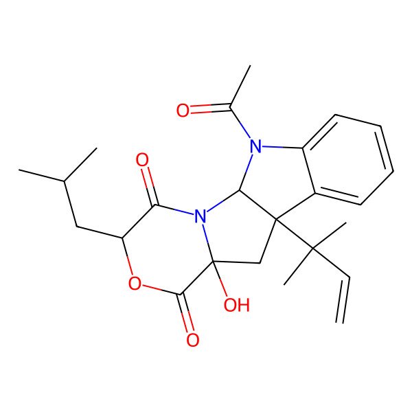 2D Structure of (1S,4S,7S,9R)-16-acetyl-7-hydroxy-9-(2-methylbut-3-en-2-yl)-4-(2-methylpropyl)-5-oxa-2,16-diazatetracyclo[7.7.0.02,7.010,15]hexadeca-10,12,14-triene-3,6-dione