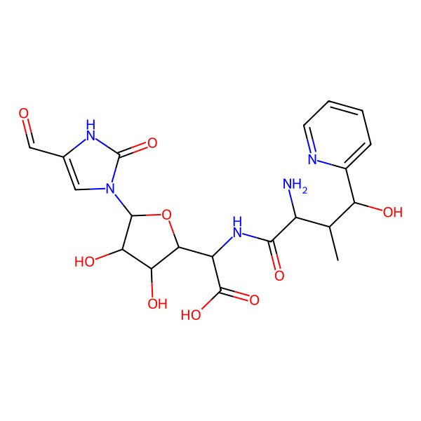 2D Structure of (2S)-2-[[(2S,3S,4S)-2-amino-4-hydroxy-3-methyl-4-pyridin-2-ylbutanoyl]amino]-2-[(2R,3S,4R,5R)-5-(5-formyl-2-oxo-1H-imidazol-3-yl)-3,4-dihydroxyoxolan-2-yl]acetic acid