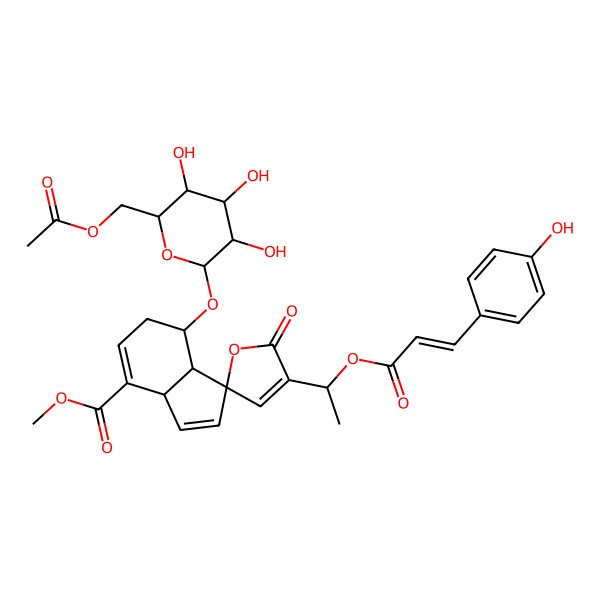 2D Structure of Methyl 7-[6-(acetyloxymethyl)-3,4,5-trihydroxyoxan-2-yl]oxy-4'-[1-[3-(4-hydroxyphenyl)prop-2-enoyloxy]ethyl]-5'-oxospiro[3a,6,7,7a-tetrahydroindene-1,2'-furan]-4-carboxylate