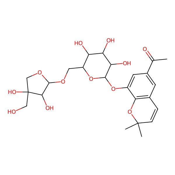 2D Structure of 1-[8-[(2S,3R,4S,5S,6R)-6-[[(2R,3R,4R)-3,4-dihydroxy-4-(hydroxymethyl)oxolan-2-yl]oxymethyl]-3,4,5-trihydroxyoxan-2-yl]oxy-2,2-dimethylchromen-6-yl]ethanone