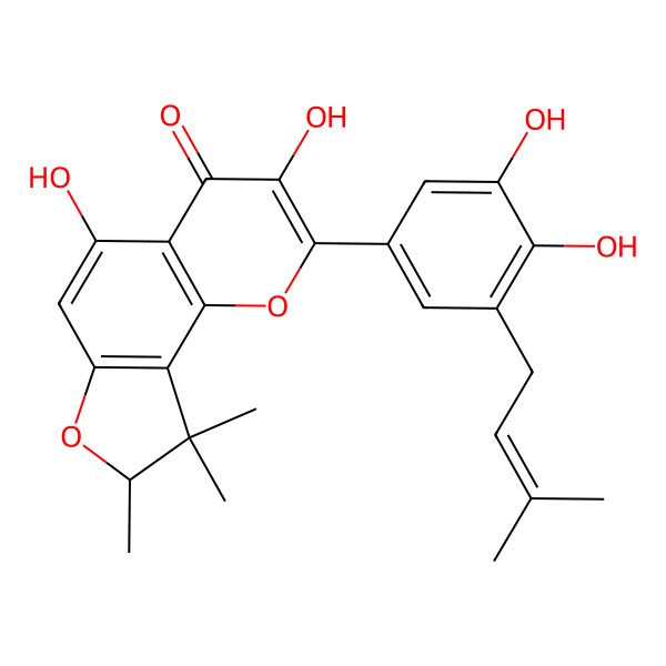 2D Structure of (8R)-2-[3,4-dihydroxy-5-(3-methylbut-2-enyl)phenyl]-3,5-dihydroxy-8,9,9-trimethyl-8H-furo[2,3-h]chromen-4-one