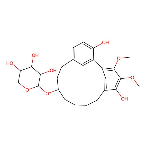 2D Structure of (2S,3R,4S,5R)-2-[[(9S)-3,15-dihydroxy-16,17-dimethoxy-9-tricyclo[12.3.1.12,6]nonadeca-1(17),2,4,6(19),14(18),15-hexaenyl]oxy]oxane-3,4,5-triol