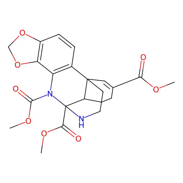 2D Structure of trimethyl (1R,12S,13R)-6,8-dioxa-11,20-diazapentacyclo[10.5.3.01,13.02,10.05,9]icosa-2(10),3,5(9),16-tetraene-11,12,16-tricarboxylate