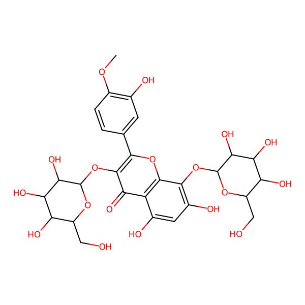 2D Structure of 5,7-dihydroxy-2-(3-hydroxy-4-methoxyphenyl)-8-[(2R,3R,4S,5S,6R)-3,4,5-trihydroxy-6-(hydroxymethyl)oxan-2-yl]oxy-3-[(2S,3R,4S,5S,6R)-3,4,5-trihydroxy-6-(hydroxymethyl)oxan-2-yl]oxychromen-4-one