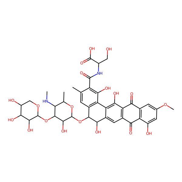 2D Structure of (2R)-3-hydroxy-2-[[(5R,6R)-1,6,9,14-tetrahydroxy-5-[(2S,3R,4S,5S,6S)-3-hydroxy-6-methyl-5-(methylamino)-4-[(2R,3R,4R,5R)-3,4,5-trihydroxyoxan-2-yl]oxyoxan-2-yl]oxy-11-methoxy-3-methyl-8,13-dioxo-5,6-dihydrobenzo[a]tetracene-2-carbonyl]amino]propanoic acid
