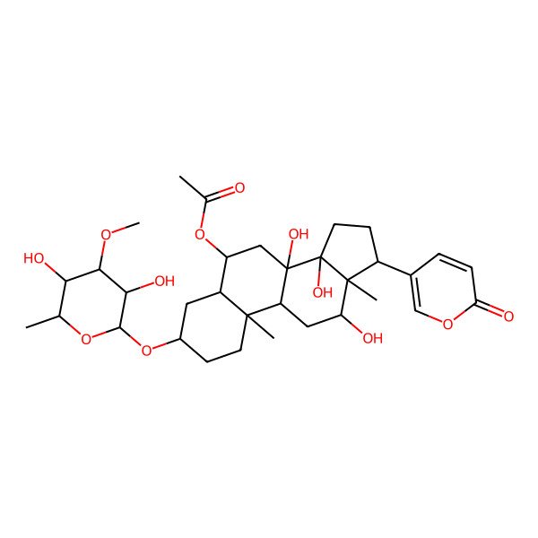2D Structure of [3-(3,5-dihydroxy-4-methoxy-6-methyloxan-2-yl)oxy-8,12,14-trihydroxy-10,13-dimethyl-17-(6-oxopyran-3-yl)-2,3,4,5,6,7,9,11,12,15,16,17-dodecahydro-1H-cyclopenta[a]phenanthren-6-yl] acetate