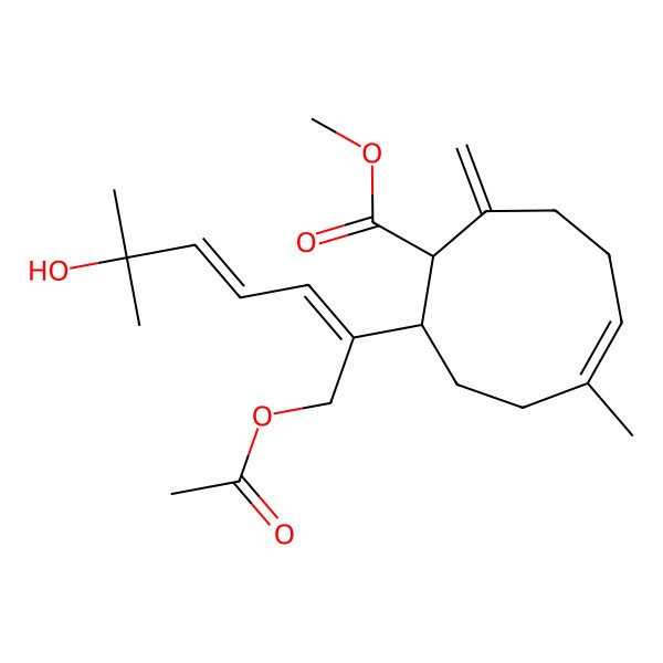 2D Structure of Methyl 2-(1-acetyloxy-6-hydroxy-6-methylhepta-2,4-dien-2-yl)-5-methyl-9-methylidenecyclonon-5-ene-1-carboxylate