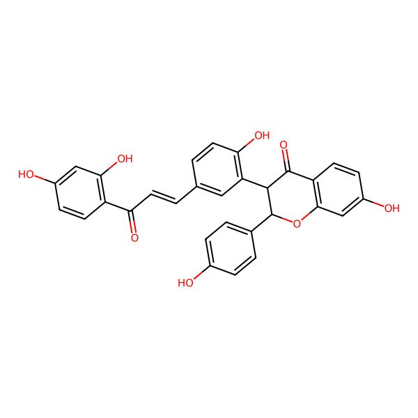2D Structure of 3-[5-[(E)-3-(2,4-dihydroxyphenyl)-3-oxoprop-1-enyl]-2-hydroxyphenyl]-7-hydroxy-2-(4-hydroxyphenyl)-2,3-dihydrochromen-4-one
