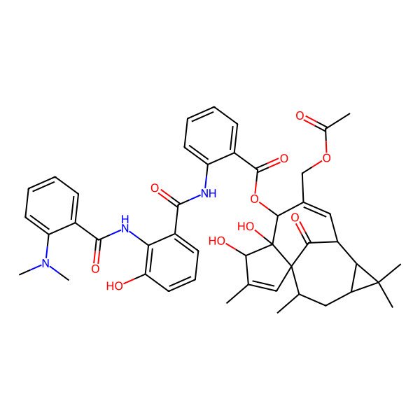 2D Structure of [(1S,4S,5R,6R,9S,10R,12R,14R)-7-(acetyloxymethyl)-4,5-dihydroxy-3,11,11,14-tetramethyl-15-oxo-6-tetracyclo[7.5.1.01,5.010,12]pentadeca-2,7-dienyl] 2-[[2-[[2-(dimethylamino)benzoyl]amino]-3-hydroxybenzoyl]amino]benzoate