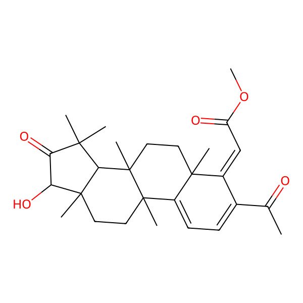 2D Structure of methyl (2E)-2-[(5R,8S,9S,13R,14S,17S)-3-acetyl-17-hydroxy-5,8,9,13,15,15-hexamethyl-16-oxo-6,7,11,12,14,17-hexahydrocyclopenta[a]phenanthren-4-ylidene]acetate