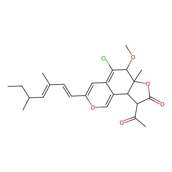 2D Structure of 9-acetyl-5-chloro-3-(3,5-dimethylhepta-1,3-dienyl)-6-methoxy-6a-methyl-9,9a-dihydro-6H-furo[2,3-h]isochromen-8-one