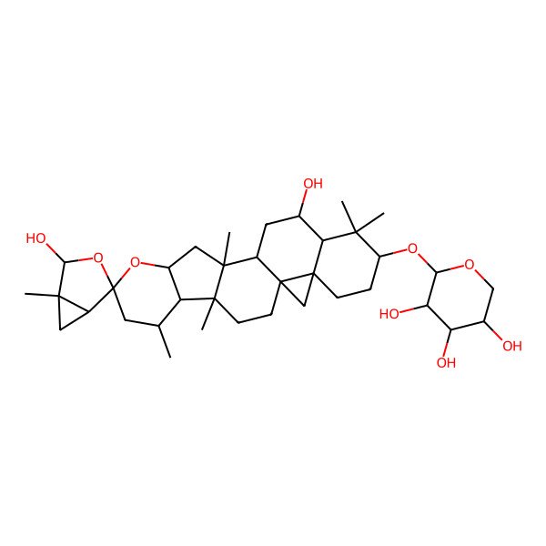2D Structure of (2S,3R,4R,5R)-2-[(1R,1'S,2S,4R,4'R,5S,5'R,6'R,10'S,12'S,13'S,15'S,16'R,18'S,21'R)-2,15'-dihydroxy-1,4',6',12',17',17'-hexamethylspiro[3-oxabicyclo[3.1.0]hexane-4,8'-9-oxahexacyclo[11.9.0.01,21.04,12.05,10.016,21]docosane]-18'-yl]oxyoxane-3,4,5-triol
